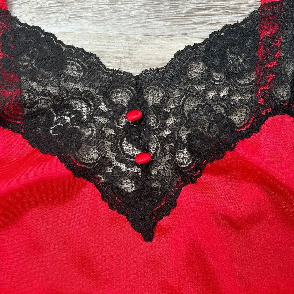 Vintage 90s Avon Red Satin Slip Dress Black Lace Mini Small - Picture 2 of 6